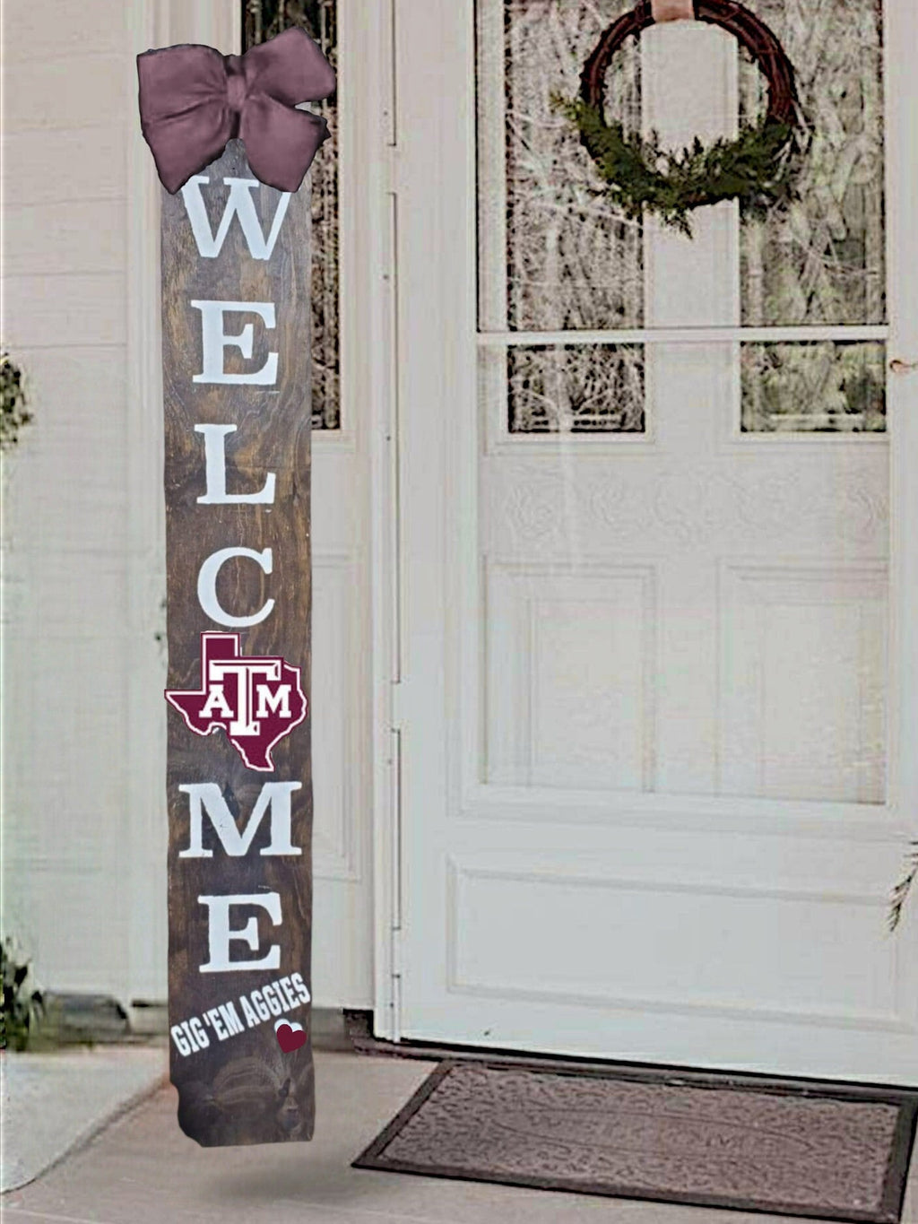 48 inch TEXAS A&M Porch sign with Burgundy Emblem and Bow - Weatherproof- Heavy - Well Made - Quality