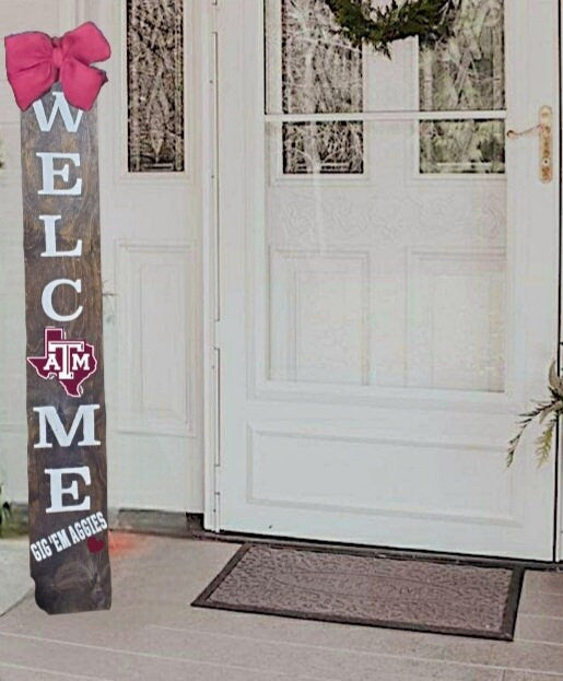 Texas A&M Aggies Porch Sign: Burgundy Emblem, Burlap Bow, 48-inch