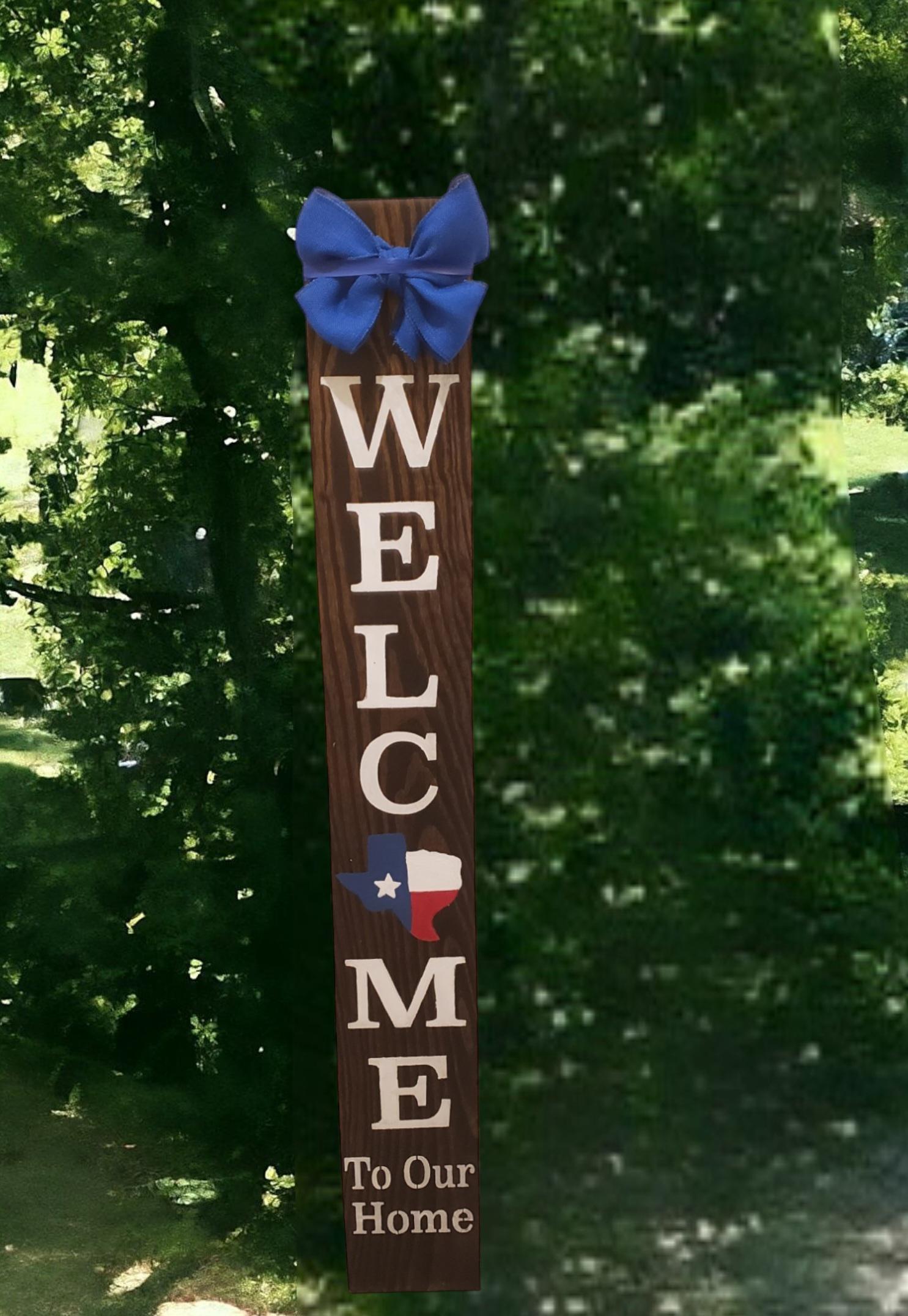 Texas Flag Welcome Wooden Porch Leaner Sign with Handtied Burlap Bow - Weatherproofed- Heavy- Quality