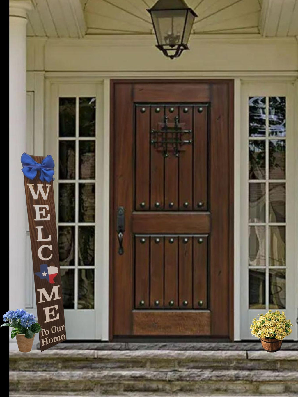 Texas Flag Welcome Wooden Porch Leaner Sign with Handtied Burlap Bow - Weatherproofed- Heavy- Quality