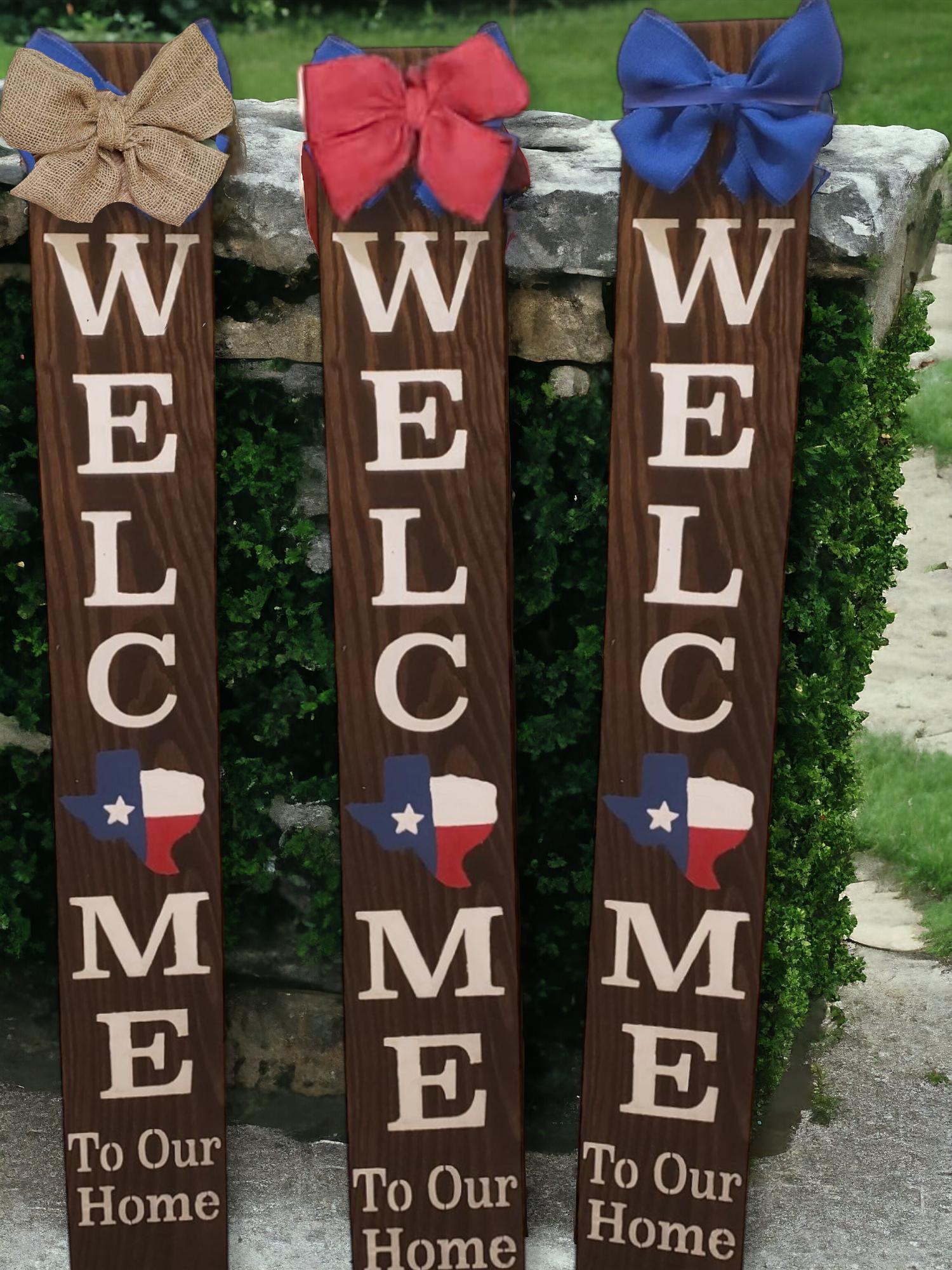 Texas Flag Welcome Wooden Porch Leaner Sign with Handtied Burlap Bow - Weatherproofed- Heavy- Quality