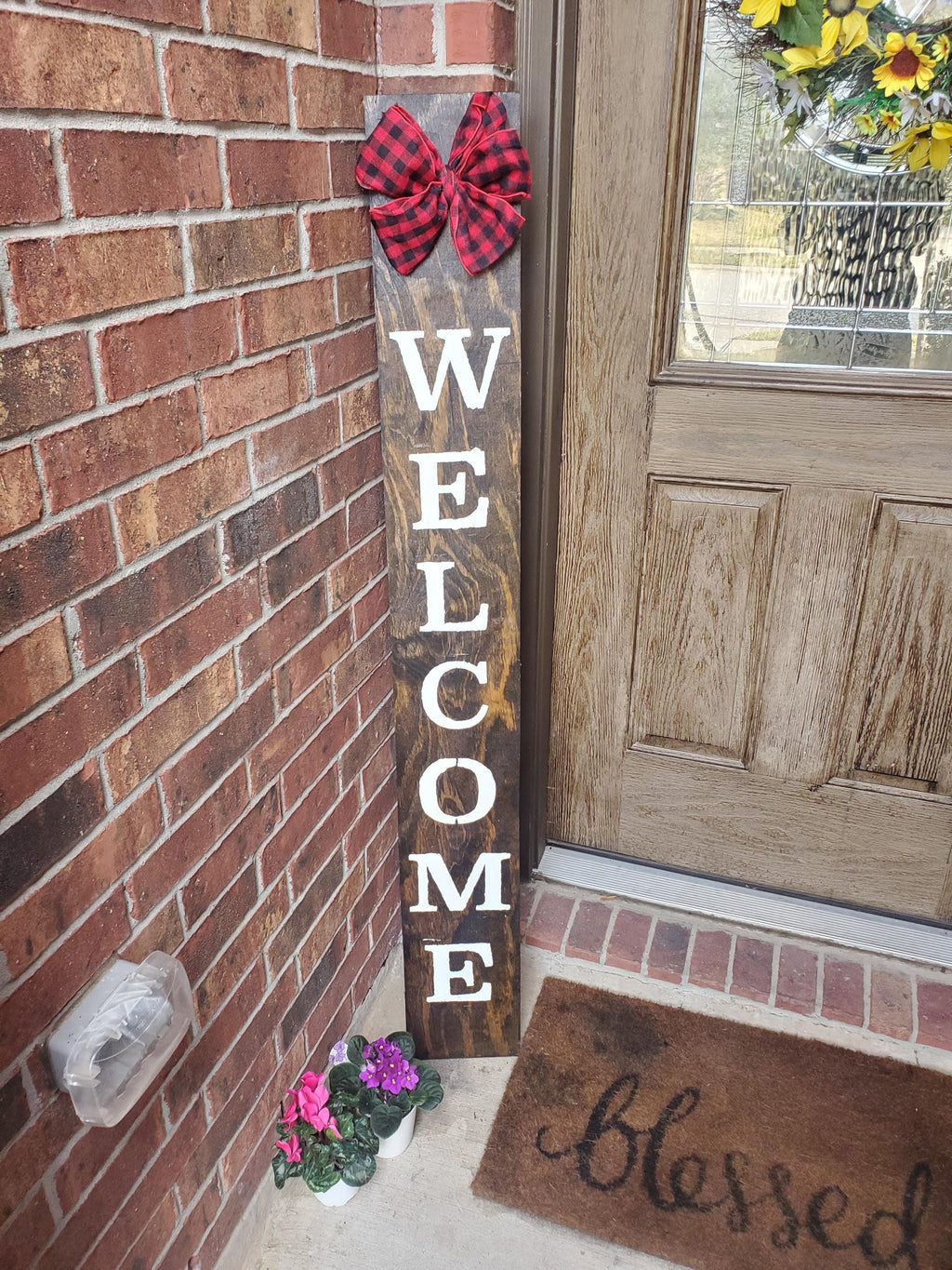 Weatherproofed 60" Welcome Porch Leaner Sign with Large  Handtied Burlap Bow - Heavy Duty - Rustic - Sealed - Multi Finishes and Bow Colors