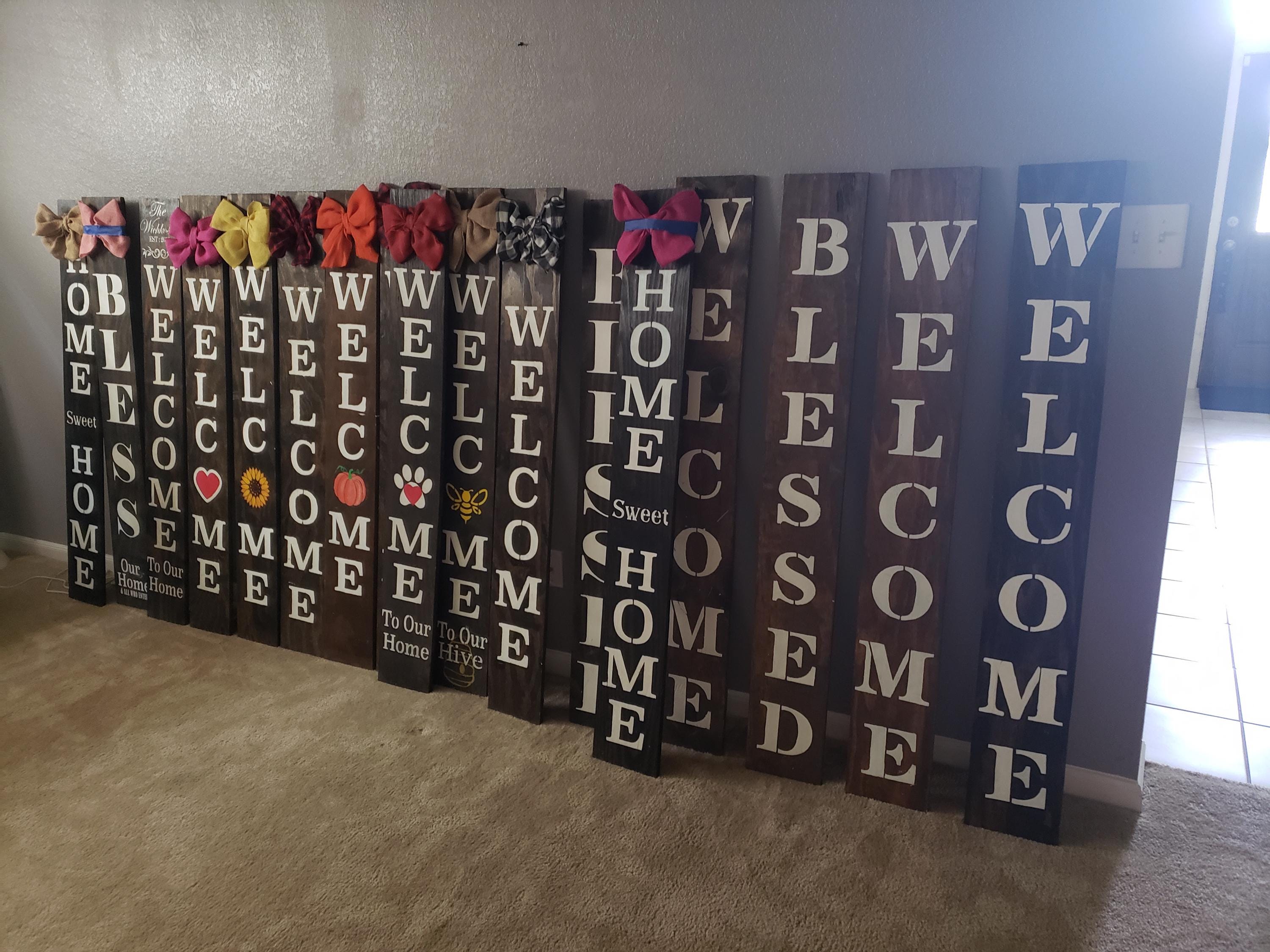 Weatherproofed 48" Welcome Porch Leaner Sign with Large  Handtied Burlap Bow - Heavy Duty - Rustic - Sealed - Multi Finishes and Bow Colors