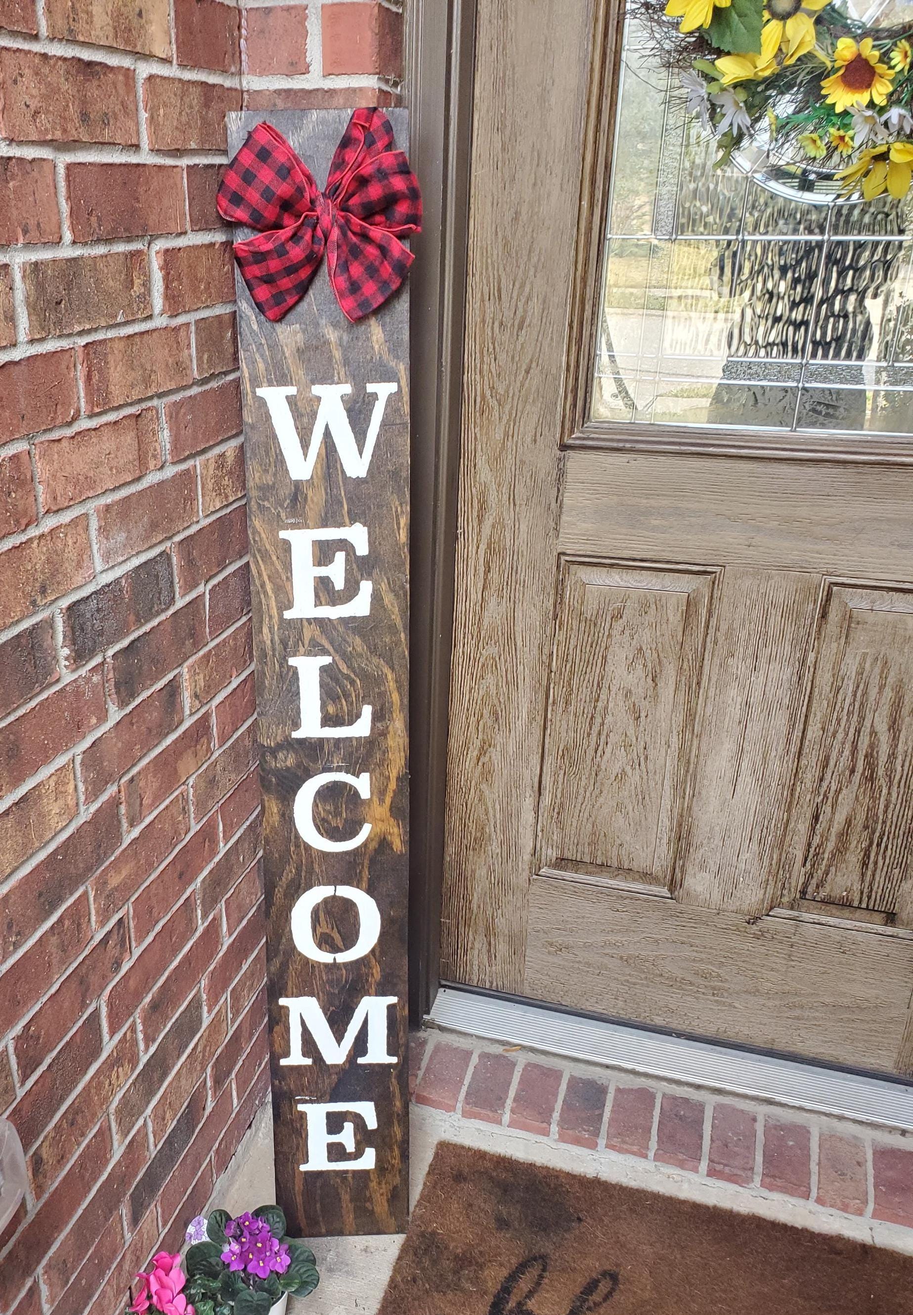 Weatherproofed 48" Welcome Porch Leaner Sign with Large  Handtied Burlap Bow - Heavy Duty - Rustic - Sealed - Multi Finishes and Bow Colors