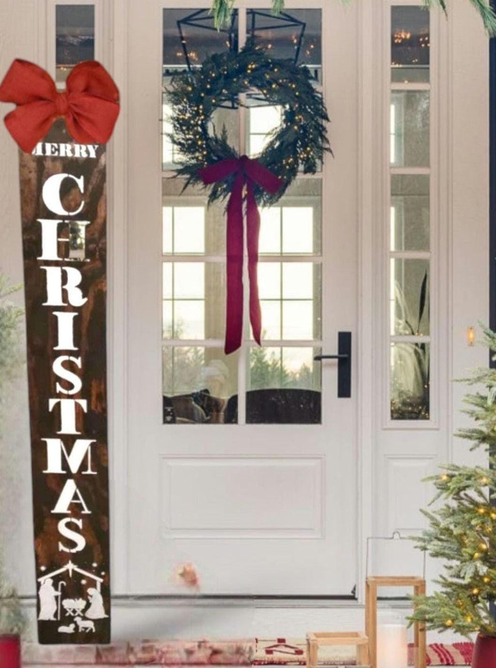 Handpainted Nativity Merry Christmas  Leaner Porch Sign with Burlap Bow- All Weather/ sealed Heavy- Rustic-