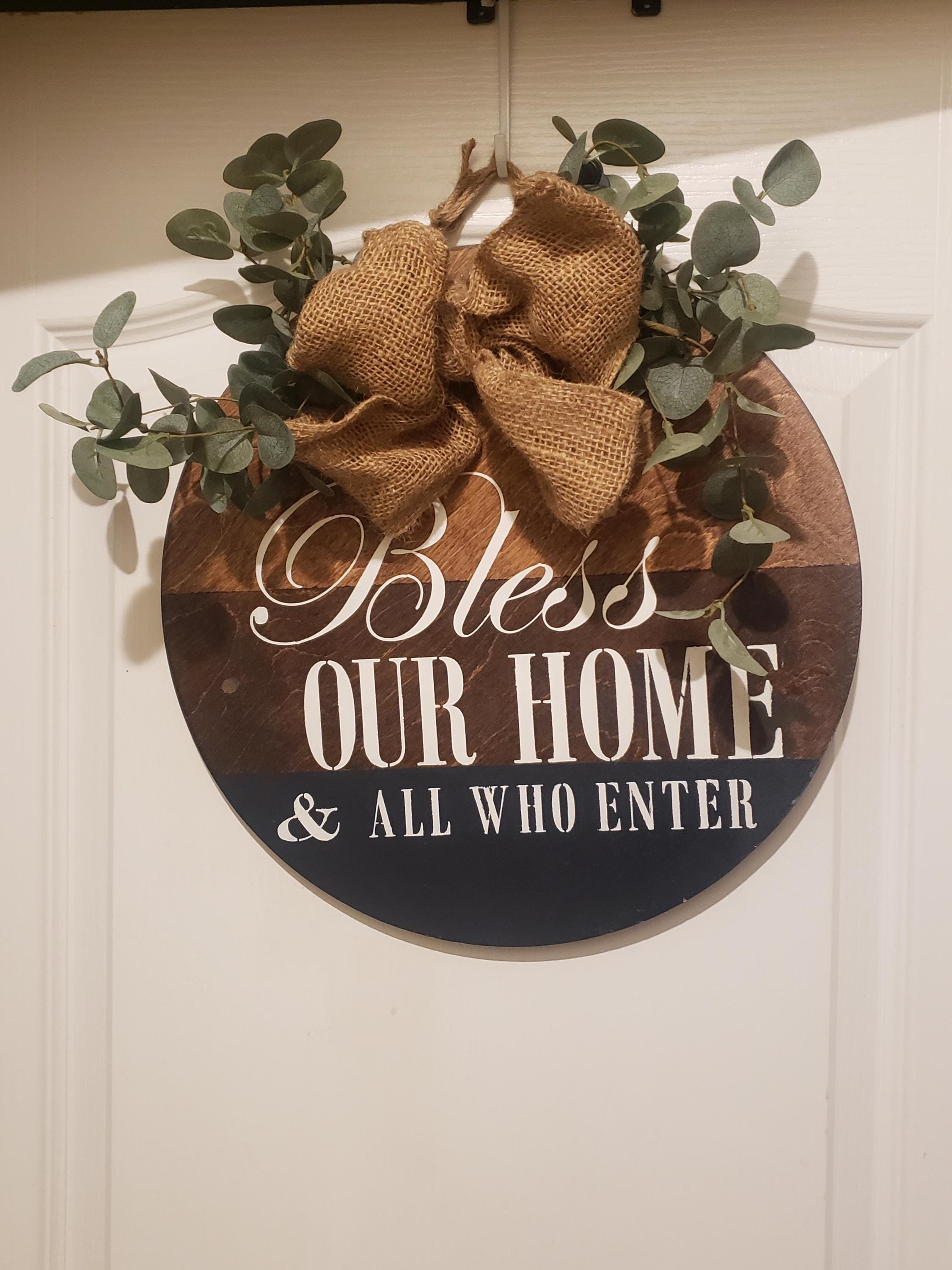 Bless Our Home Wooden Wreath Door Hanger with Burkap Bow