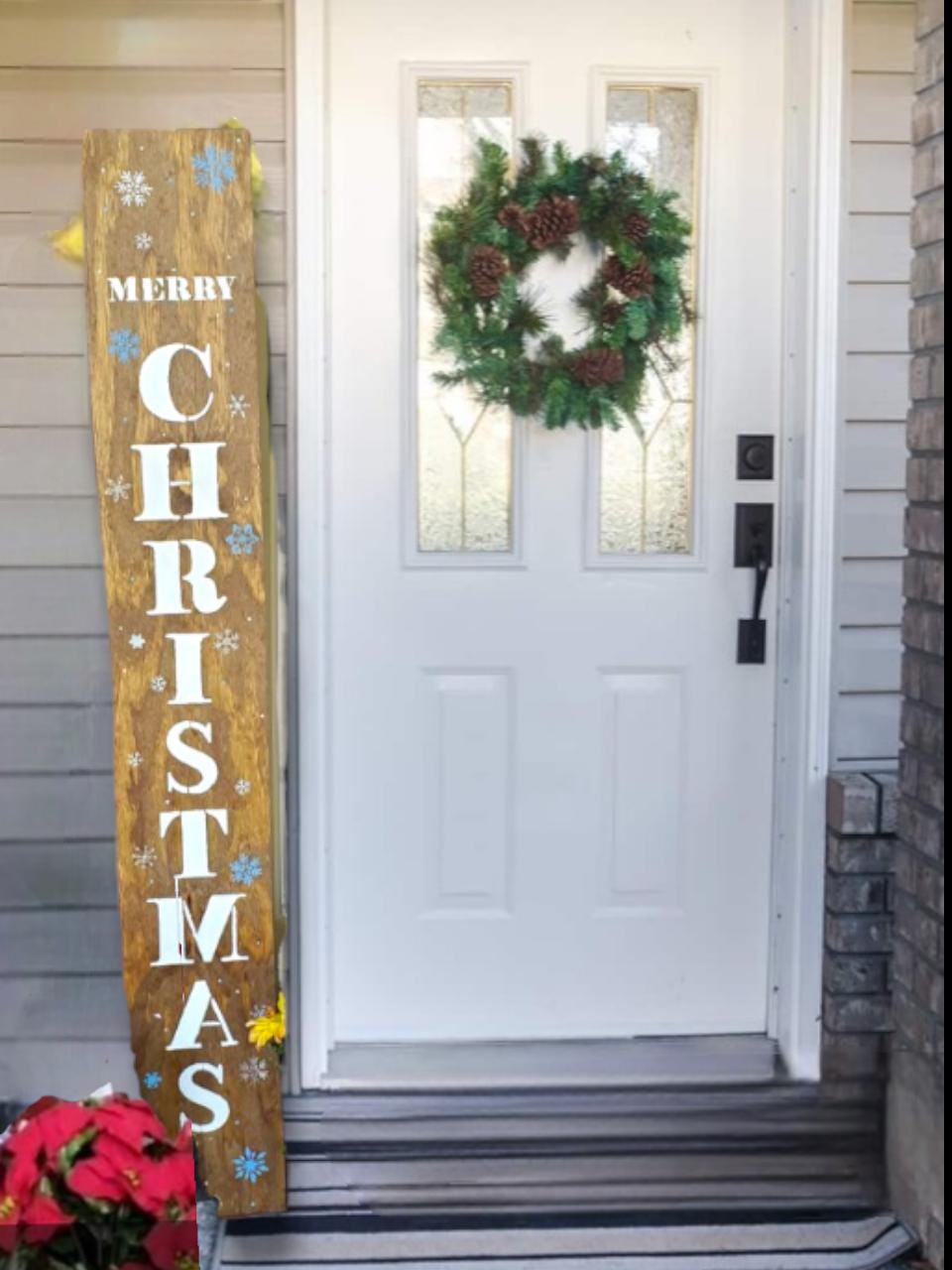 Snowflake Merry Christmas Handpainted Wooden All Weather Porch Leaner Sign