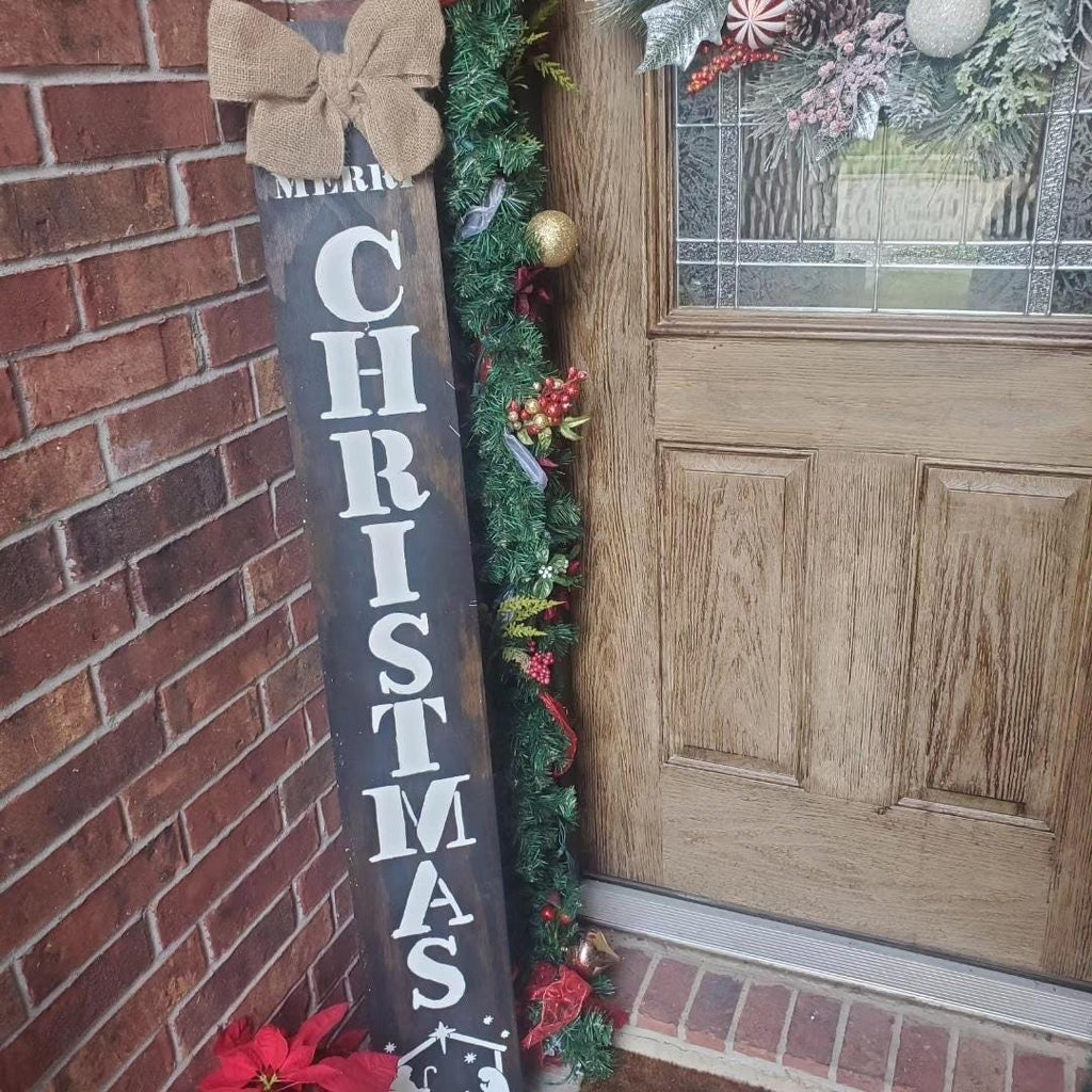 Handpainted Nativity Merry Christmas  Leaner Porch Sign with Burlap Bow- All Weather/ sealed Heavy- Rustic-