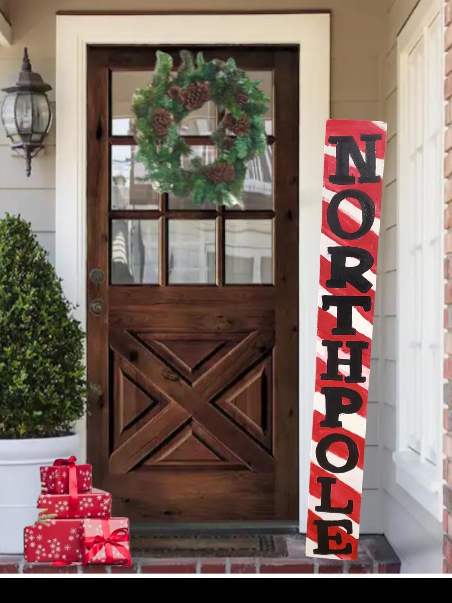 North pole Candy cane Inspired Christmas Wooden Porch Sign
