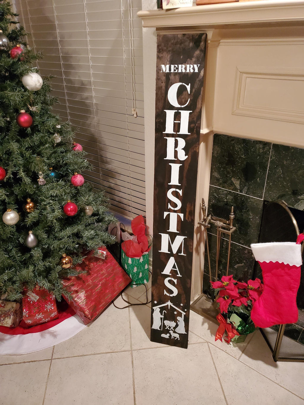 Nativity Merry Christmas Porch Sign: Rustic Burlap Bow - All Weather