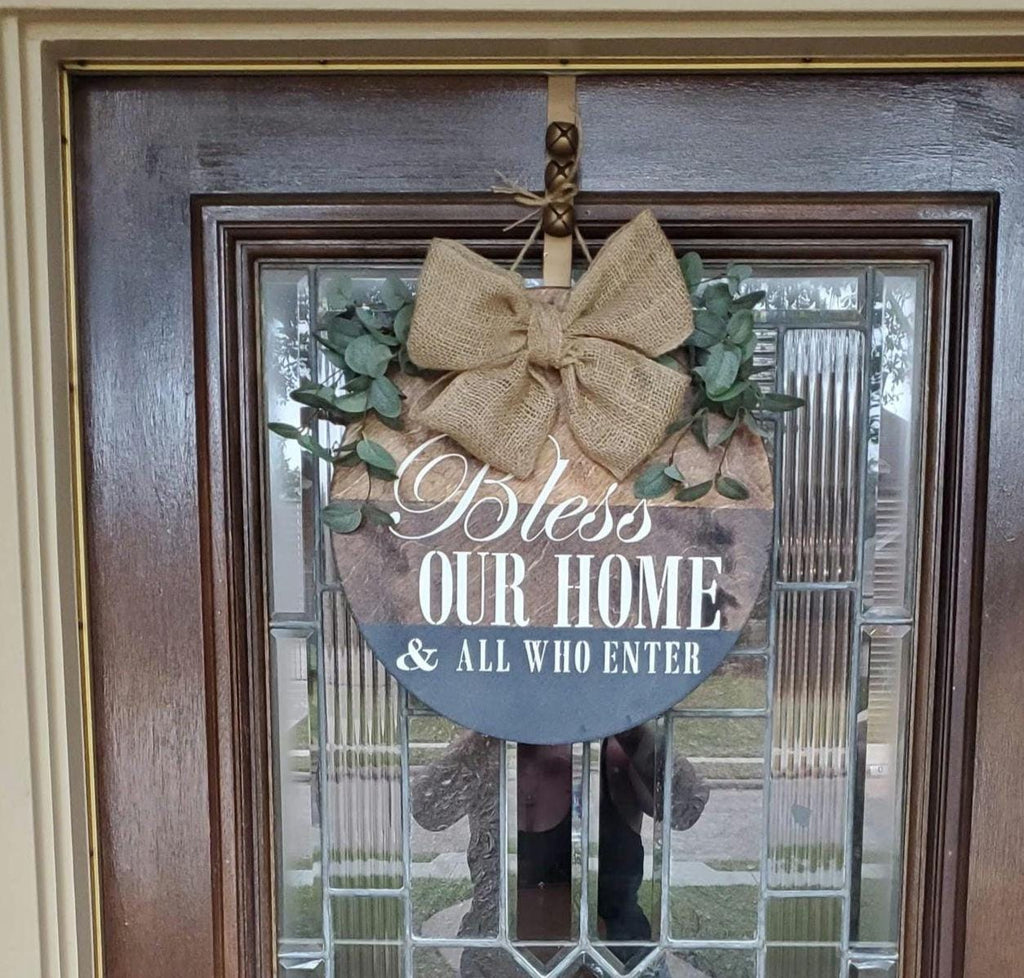 Bless Our Home Wooden Wreath Door Hanger with Burkap Bow