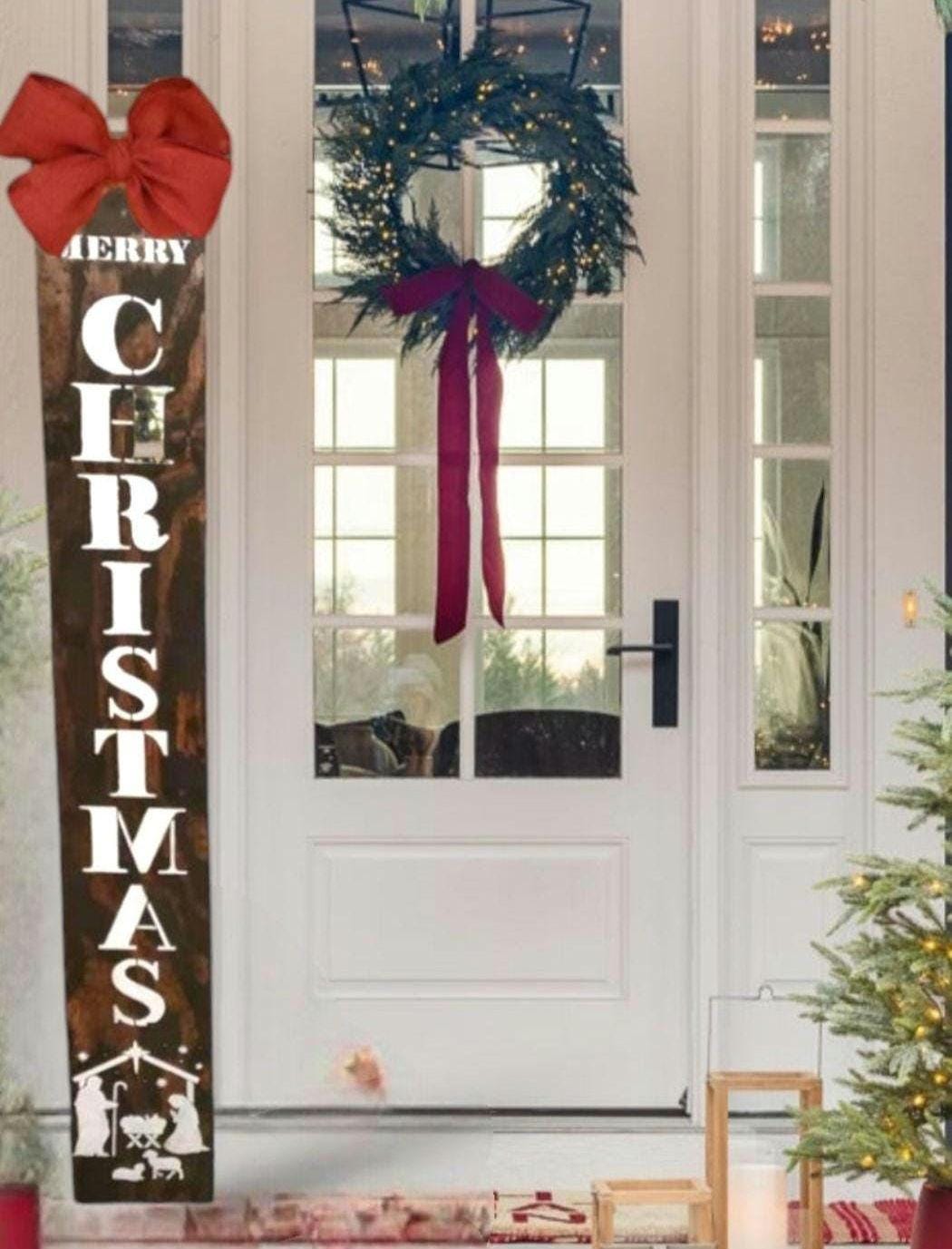 Nativity Christmas Porch Sign: Weatherproof Wooden Leaner with Burlap Bow