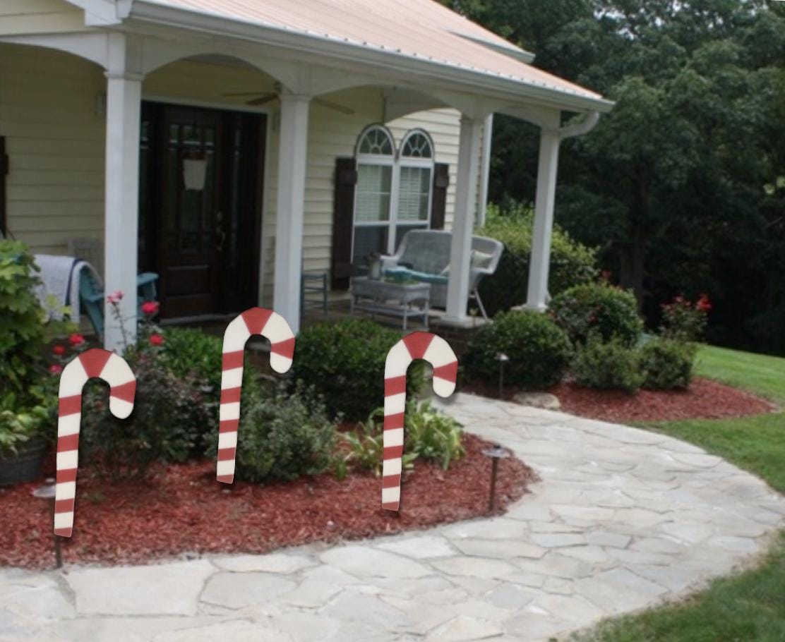 XL Christmas Candy Cane Wooden Yard Decorations-Dbl. Sided Fully Painted- Weatherproof - Hardware/Post Included