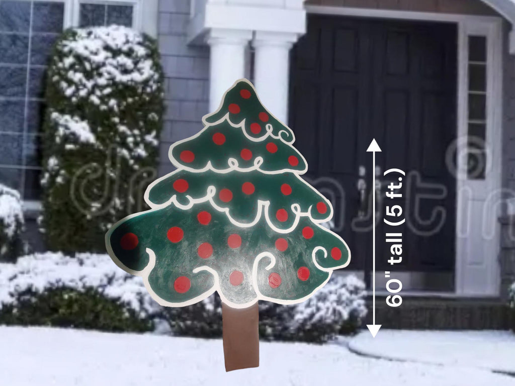 Christmas Tree With Red Ornaments  Wooden Yard Christmas All Weather Decoration – Hardware and Posts incl. - Easy setup- sealed