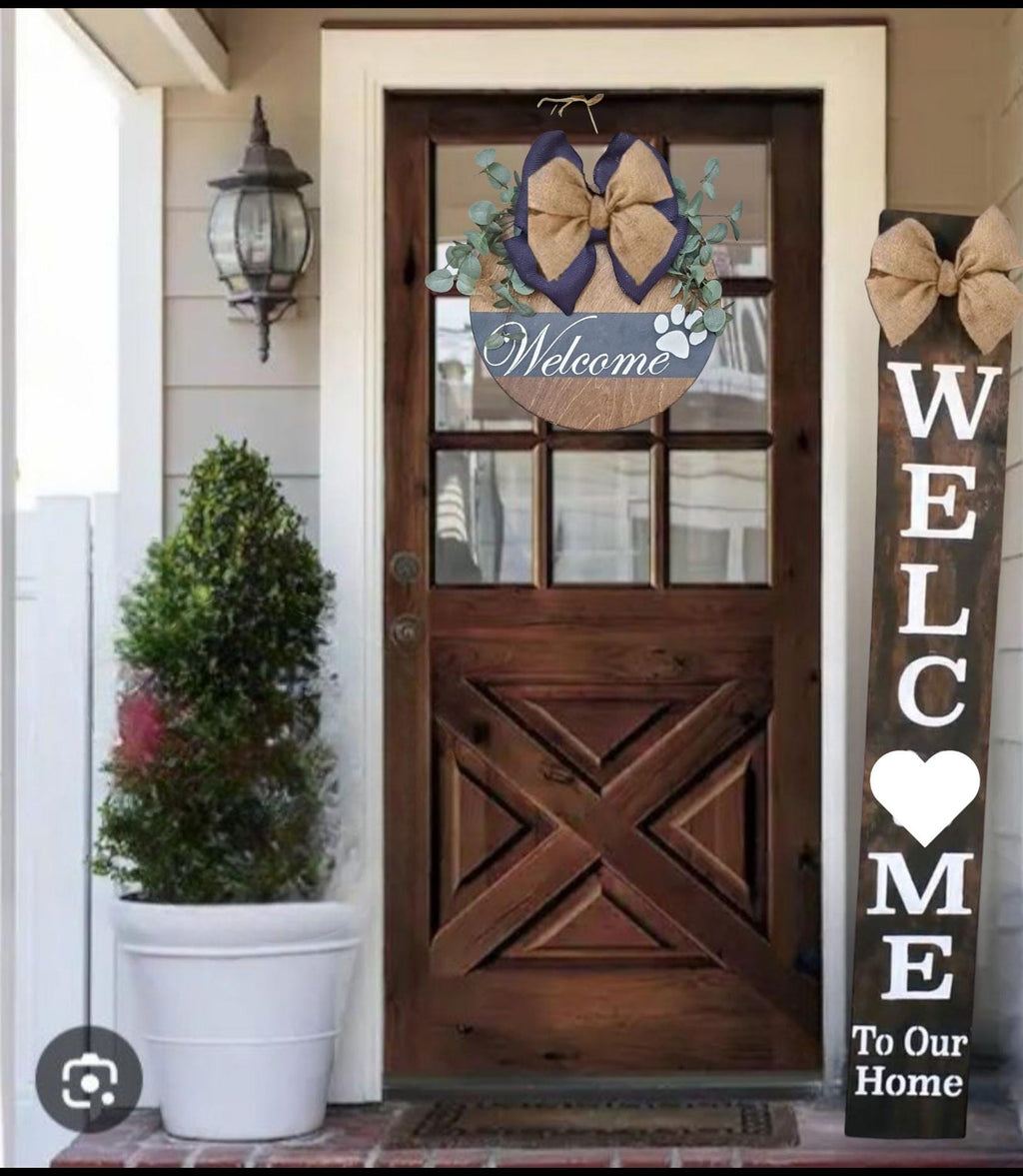 White Heart Welcome Wooden Porch Leaner With with Handtied Burlap Bow in Nuetral