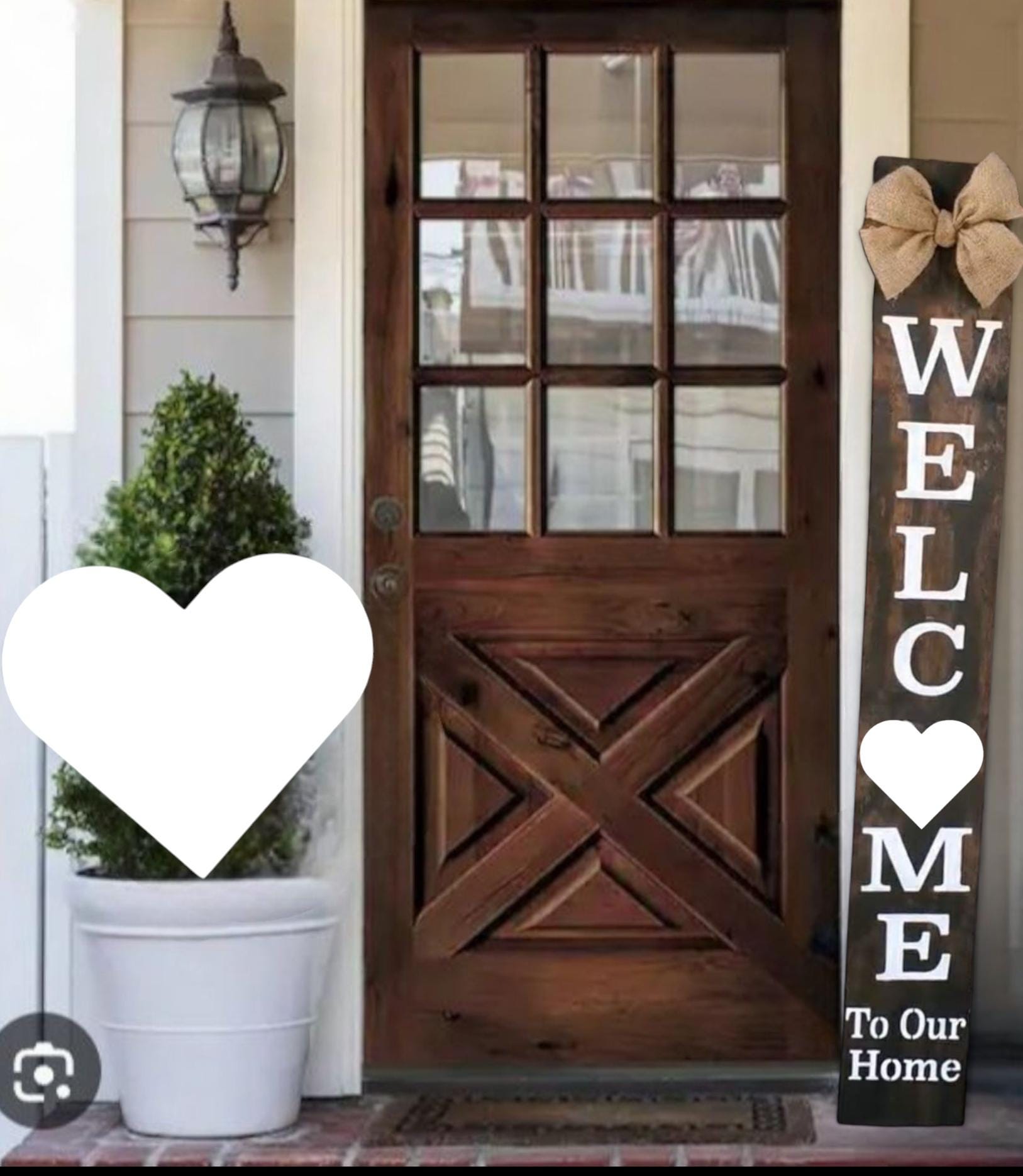 White Heart Welcome Wooden Porch Leaner With with Handtied Burlap Bow in Nuetral