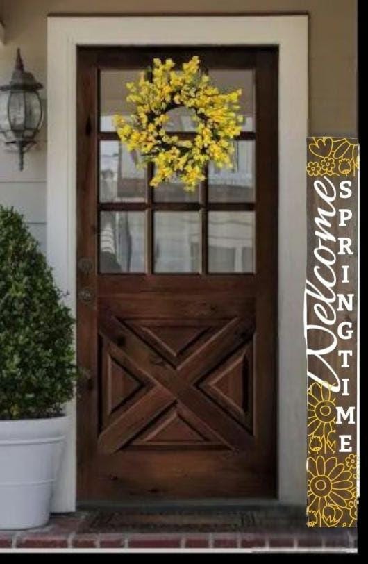 Welcome Springtime with Colorful Flower Imprint Hand painted All Weather Wooden Porch Leaner Sign