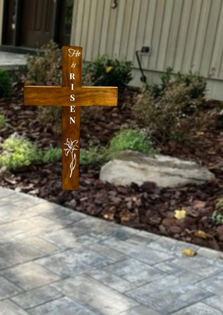Large Rustic " He Is Risen " Easter Wooden Cross with Lily Outline - hardware / post included - Multiple Finish Choices - All weather