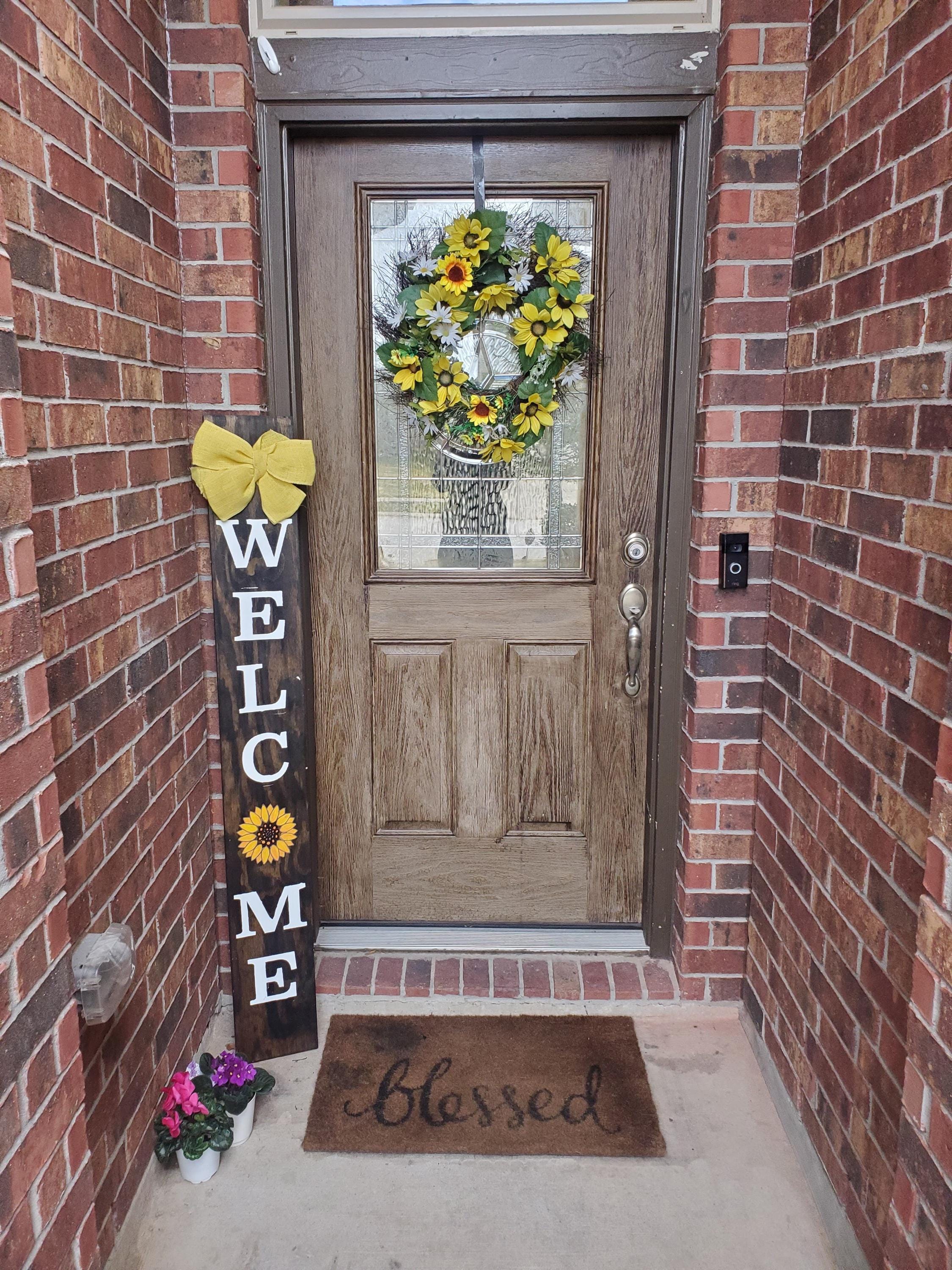 Sunflower Welcome Porch Sign: Rustic Vertical Leaner with Burlap Bow