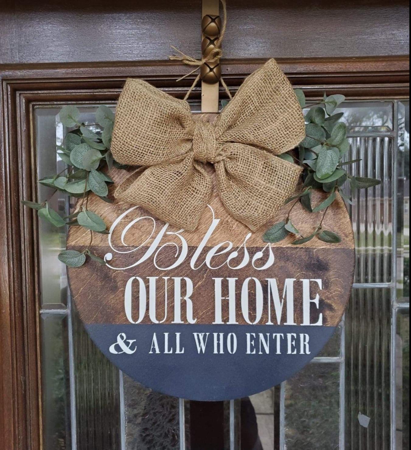 Bless Our Home  door hanger - natural Handtied Jute Burlap Bow- tricolor-Sealed- eucalyptus leaves