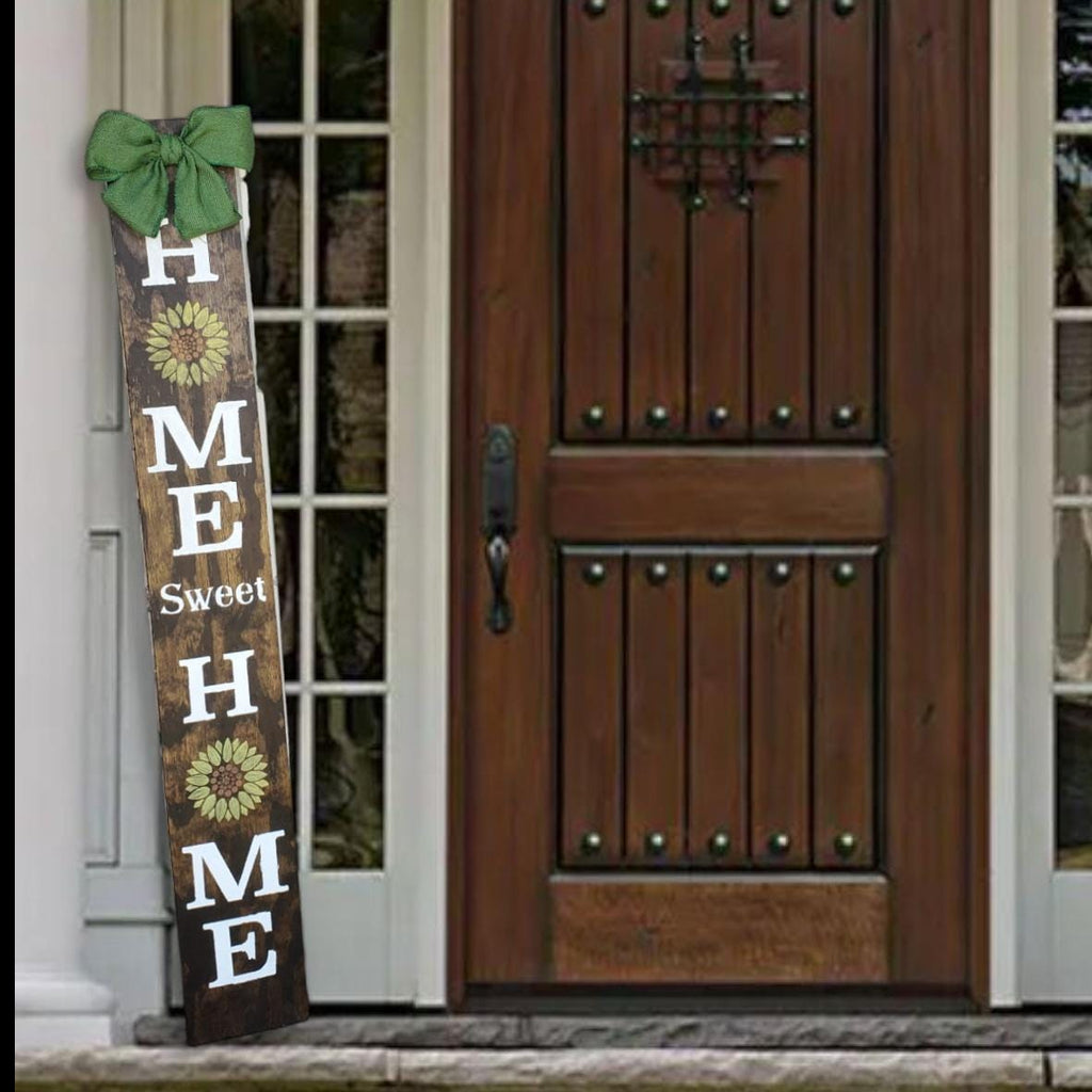 Sunflower Home Sweet Home Porch Sign: Rustic Burlap Bow Vertical Decor