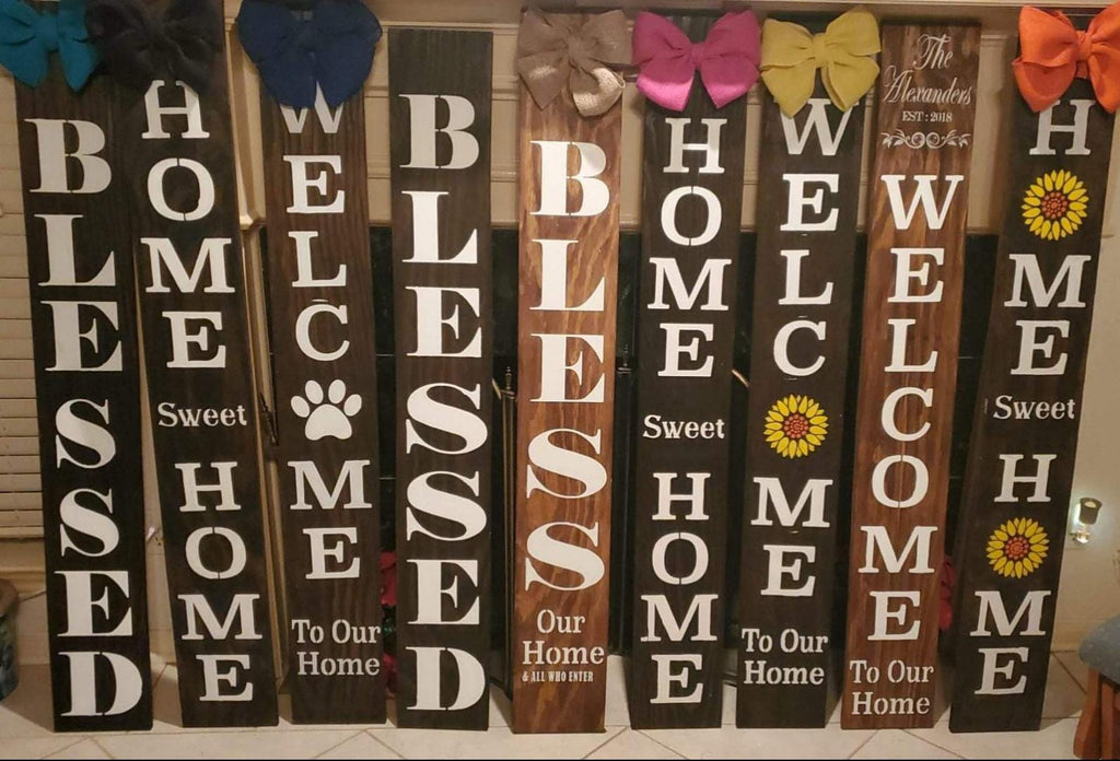 Sunflower Welcome Porch Sign: Rustic Vertical Leaner with Burlap Bow