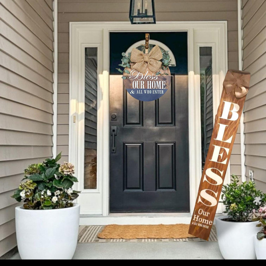 Bless Our Home  door hanger - natural Handtied Jute Burlap Bow- tricolor-Sealed- eucalyptus leaves