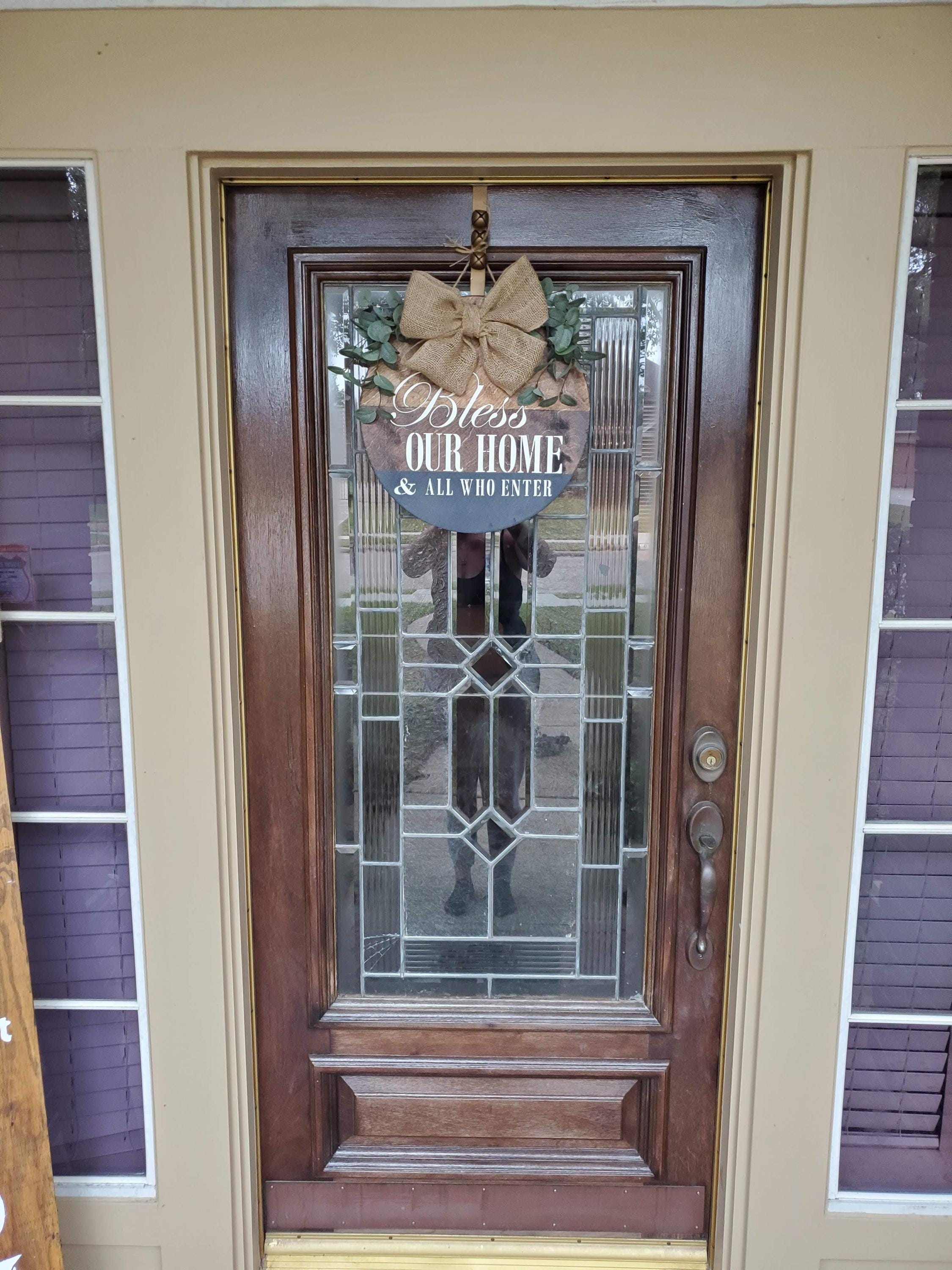 Bless Our Home  door hanger - natural Handtied Jute Burlap Bow- tricolor-Sealed- eucalyptus leaves