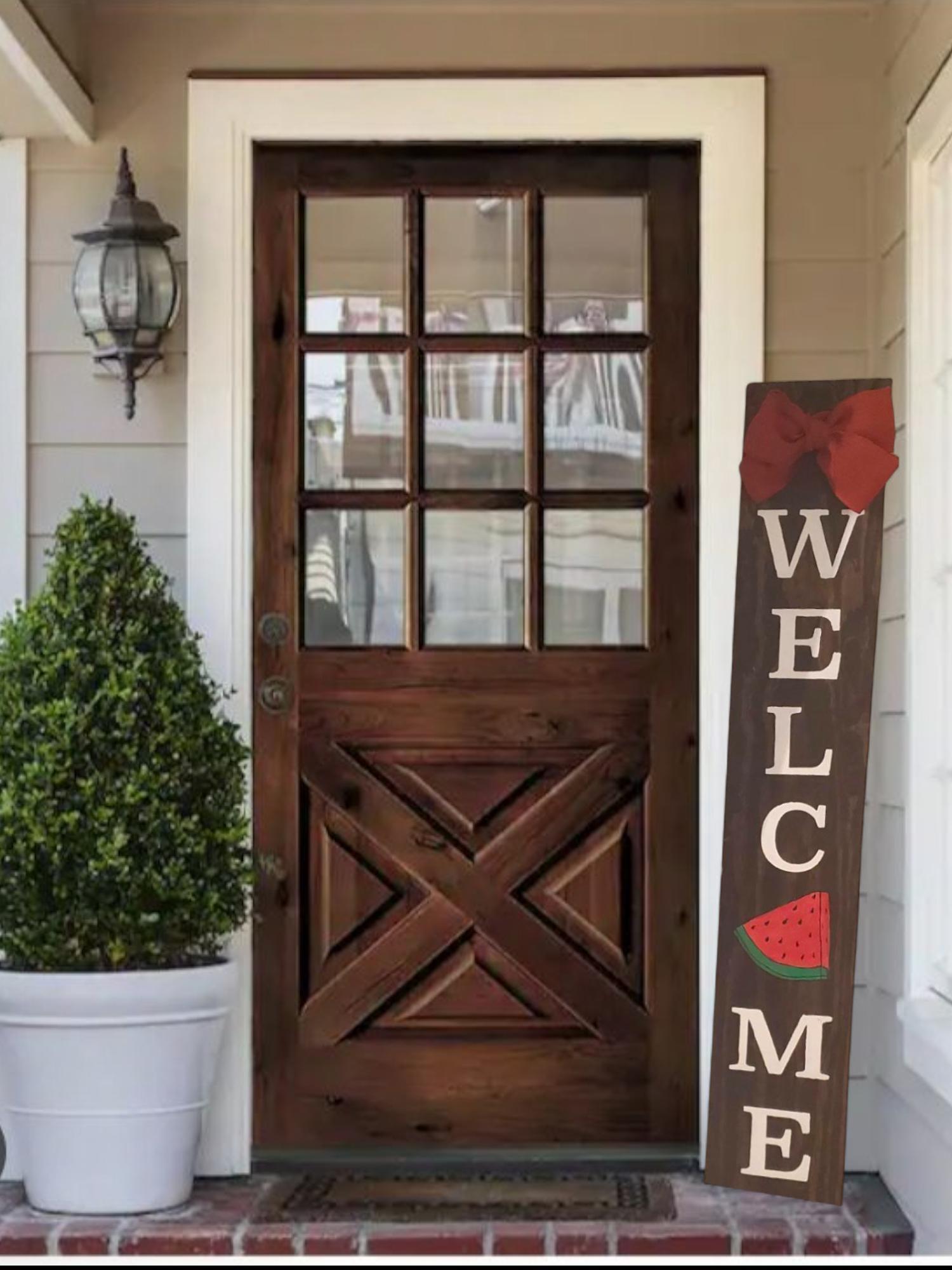 Watermelon Welcome Porch Leaner Sign with Handtied Natural Jute Burlap Bow