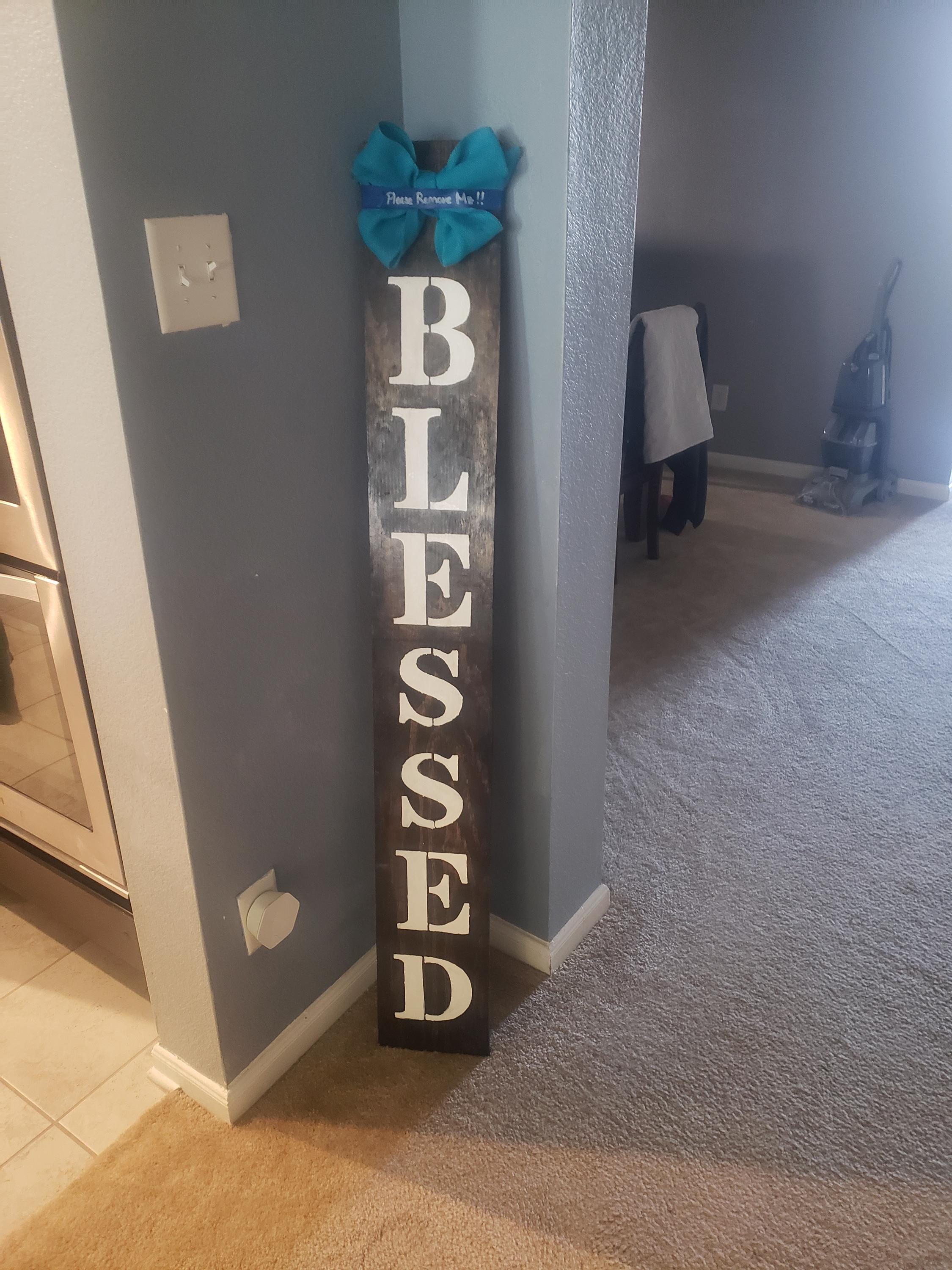 BLESSED Wooden Leaner Porch Sign with Handtied Jute Burlap Bow - Weatherproofed Heavy- Rustic- Quality