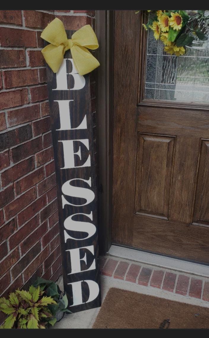 BLESSED Wooden Leaner Porch Sign with Handtied Jute Burlap Bow - Weatherproofed Heavy- Rustic- Quality