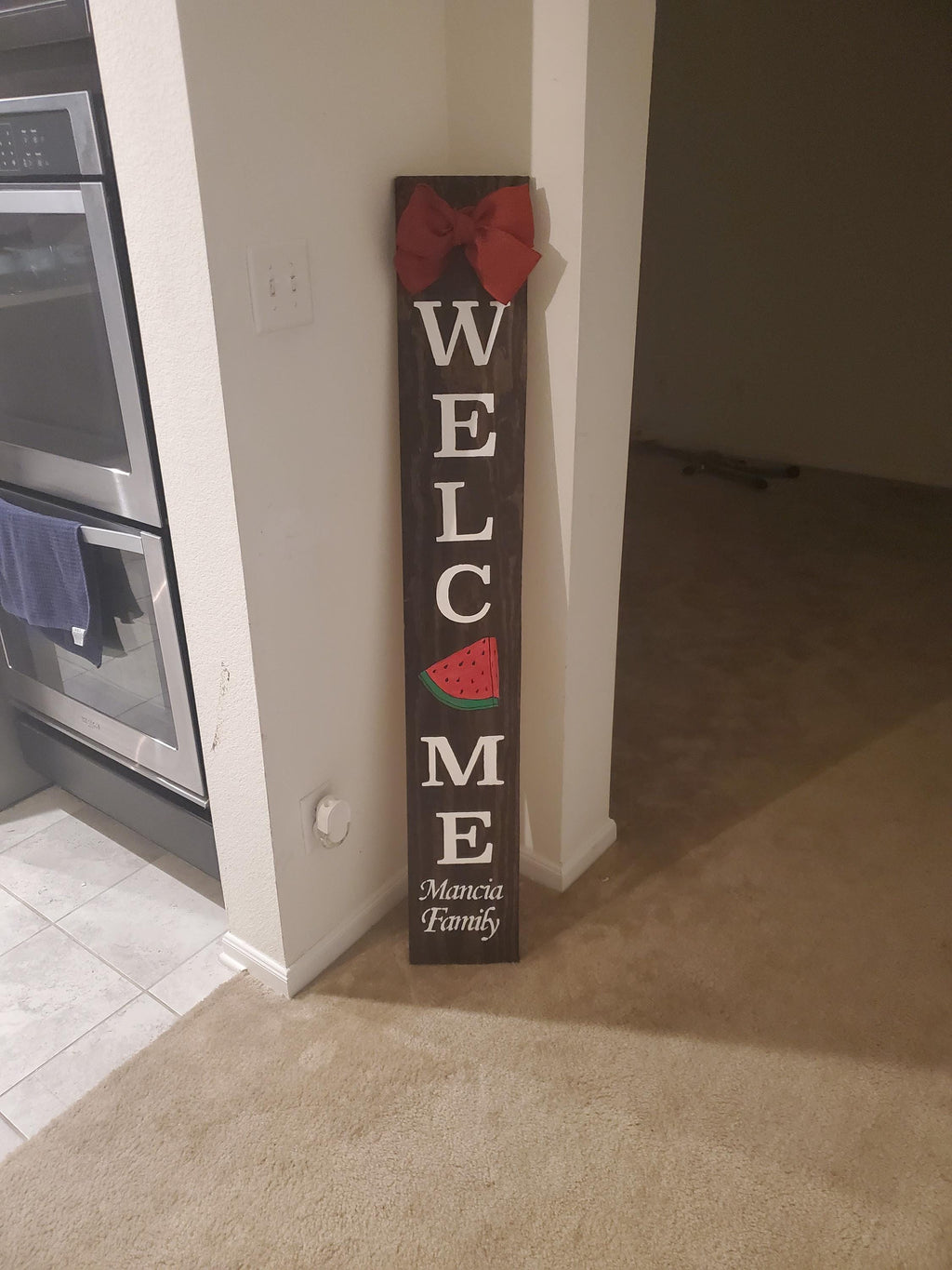 Watermelon Welcome Porch Leaner Sign with Handtied Natural Jute Burlap Bow