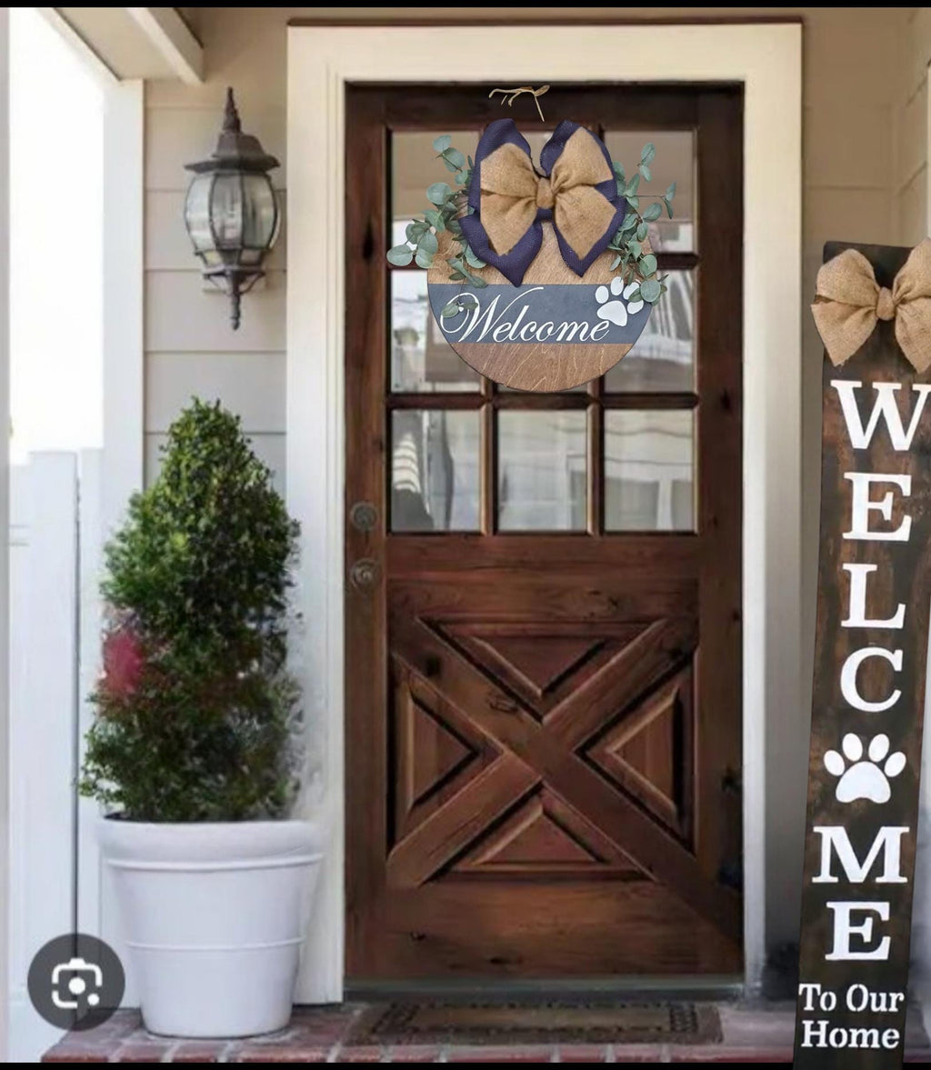 Paw Print Welcome Sign: Hand-Painted Wooden Porch Leaner with Burlap Bow