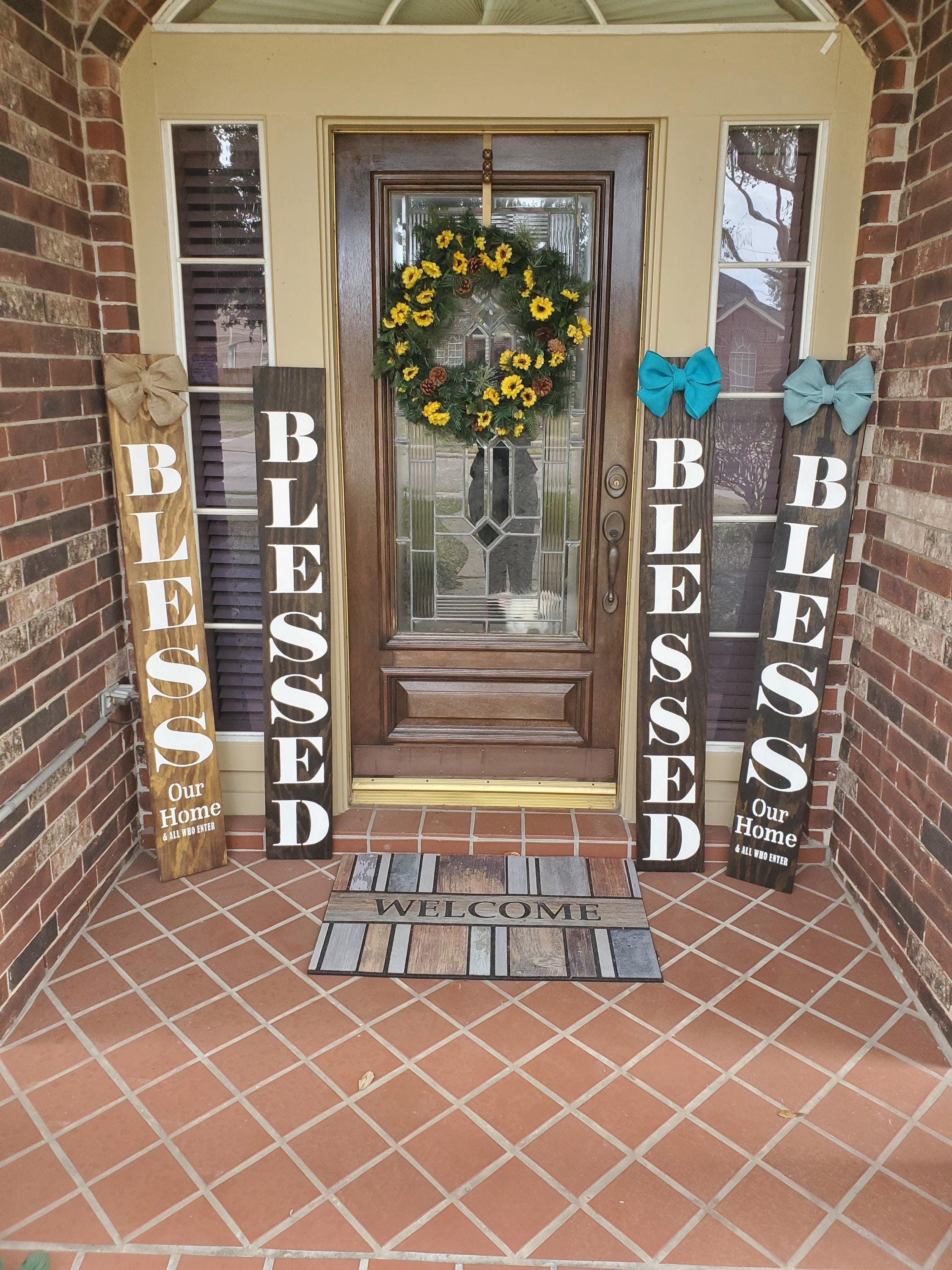 BLESSED Wooden Leaner Porch Sign with Handtied Jute Burlap Bow - Weatherproofed Heavy- Rustic- Quality