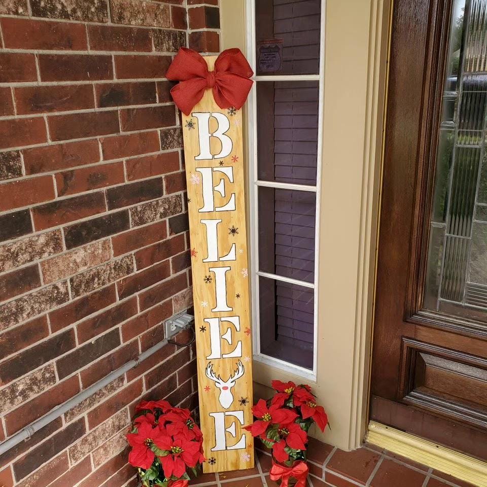 Rudolph we believe Christmas Porch Leaner Sign: Snowflake Wooden Decor