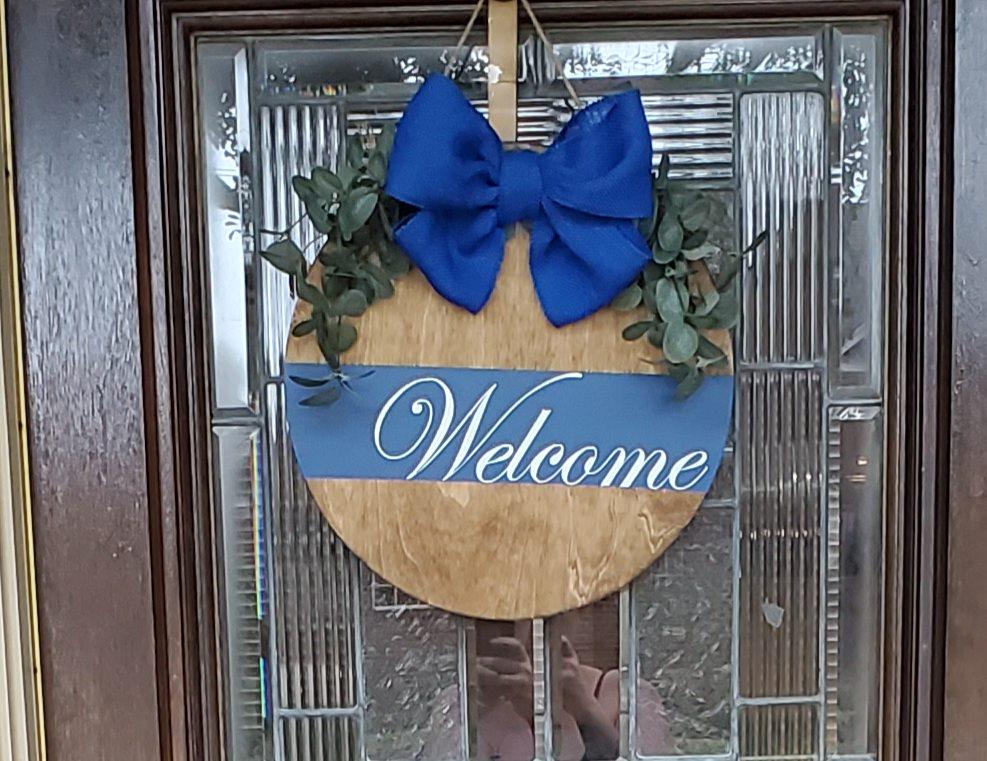 Hand painted Wooden Wreath / door hanger - Natural Handtied Jute Burlap Bow and Eucalyptus Branches