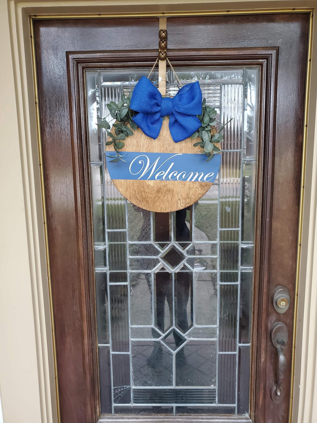 Hand painted Wooden Wreath / door hanger - Natural Handtied Jute Burlap Bow and Eucalyptus Branches
