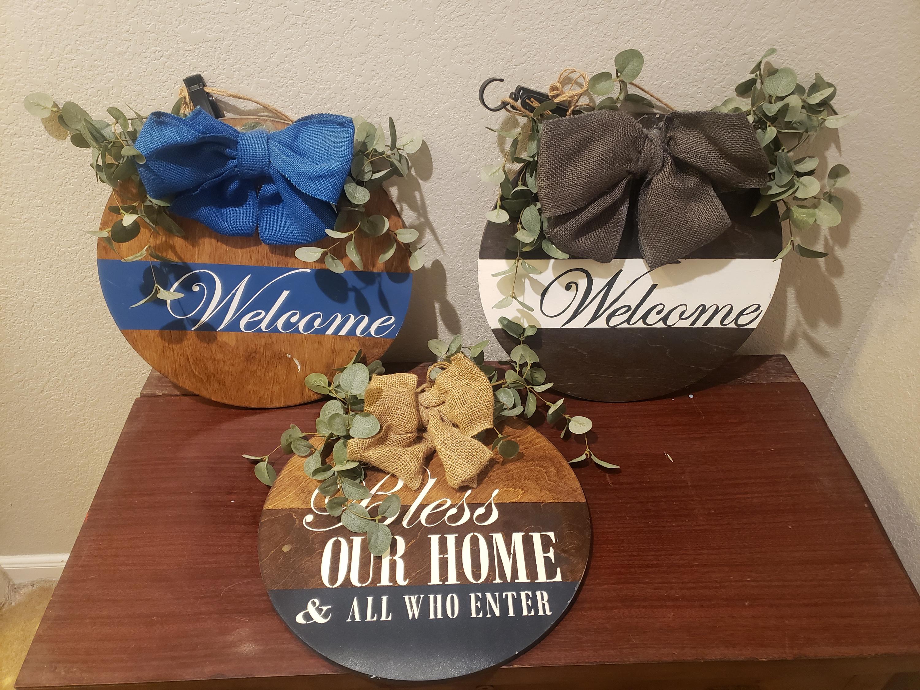 Hand painted Wooden Wreath / door hanger - Natural Handtied Jute Burlap Bow and Eucalyptus Branches