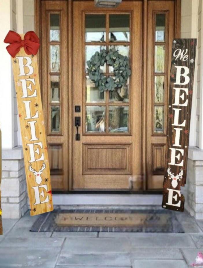 Rudolph we believe Christmas Porch Leaner Sign: Snowflake Wooden Decor