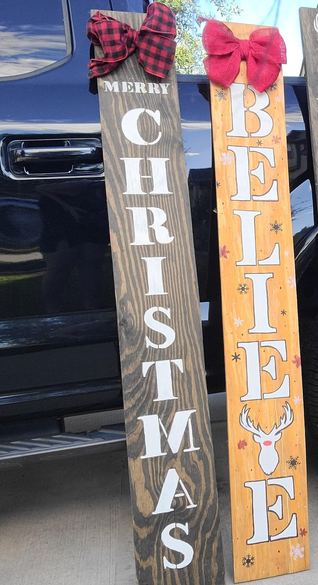 Rudolph we believe Christmas Porch Leaner Sign: Snowflake Wooden Decor