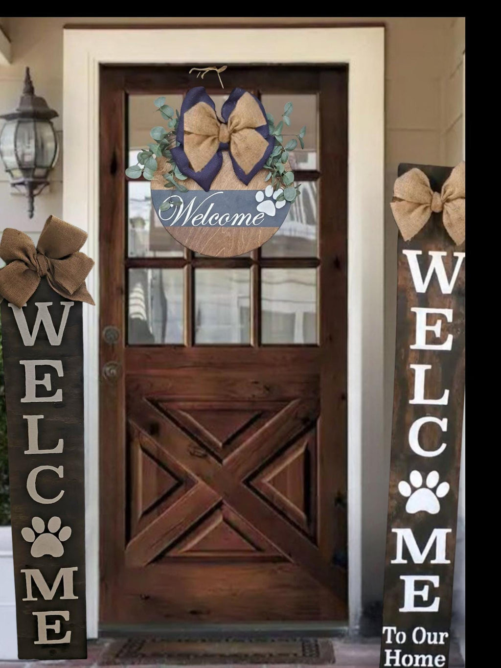 Paw Print Welcome Sign: Hand-Painted Wooden Porch Leaner with Burlap Bow