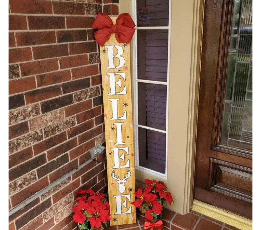 BELIEVE Christmas Porch Leaner  Sign with Handtied Jute Burlap Bow - All Weather