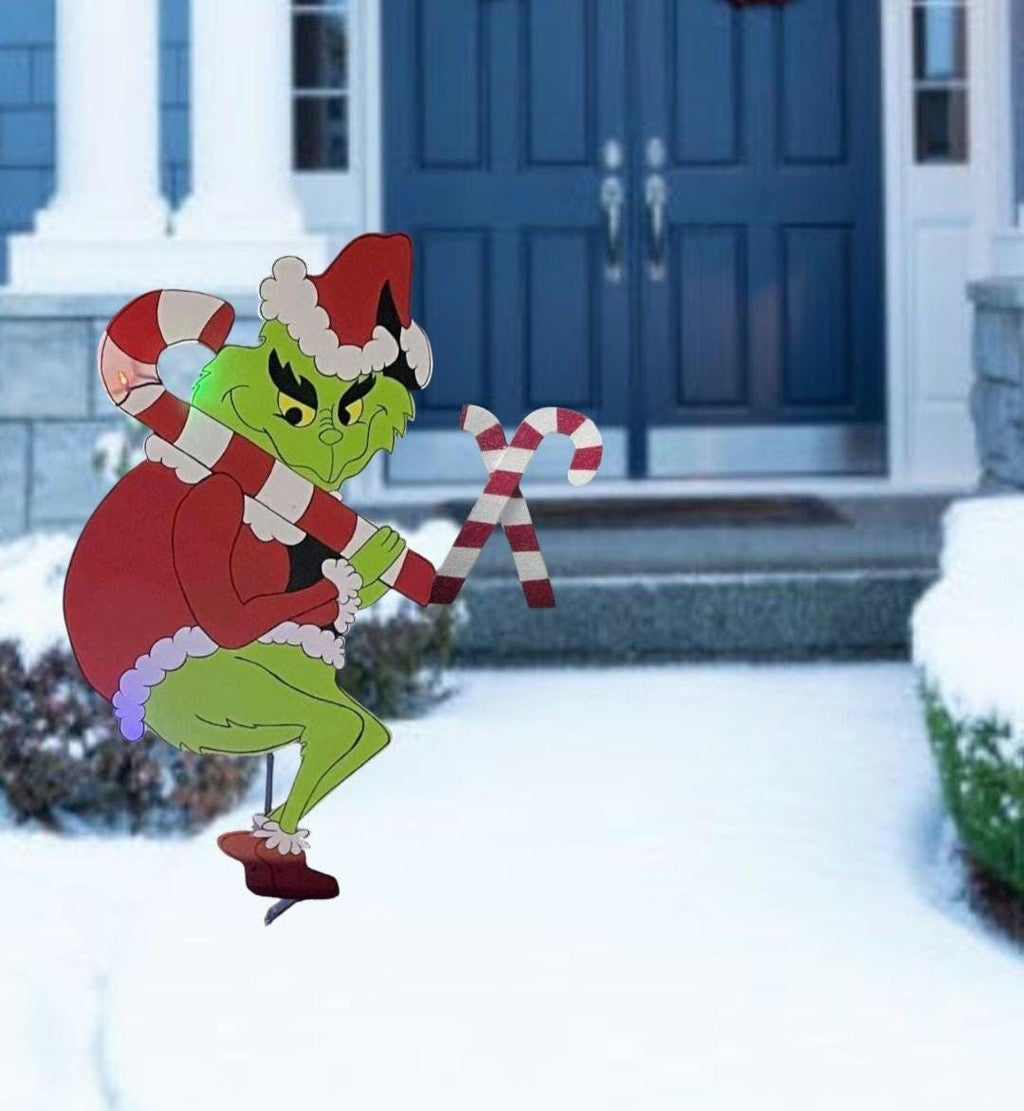 Candy Cane Grinch Wooden Yard Art Christmas Decorations Weatherproof  52 inch