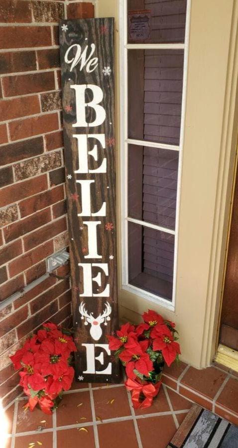 BELIEVE Christmas Porch Leaner  Sign with Handtied Jute Burlap Bow - All Weather