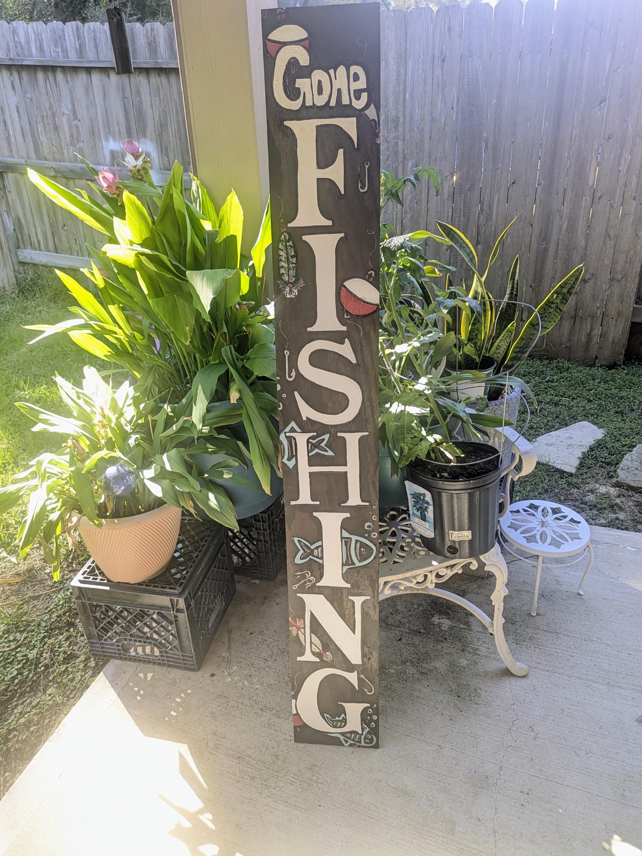 Lures, Hooks, and Bobbers GONE FISHING Solid Wood All Weather  Porch Leaner Sign