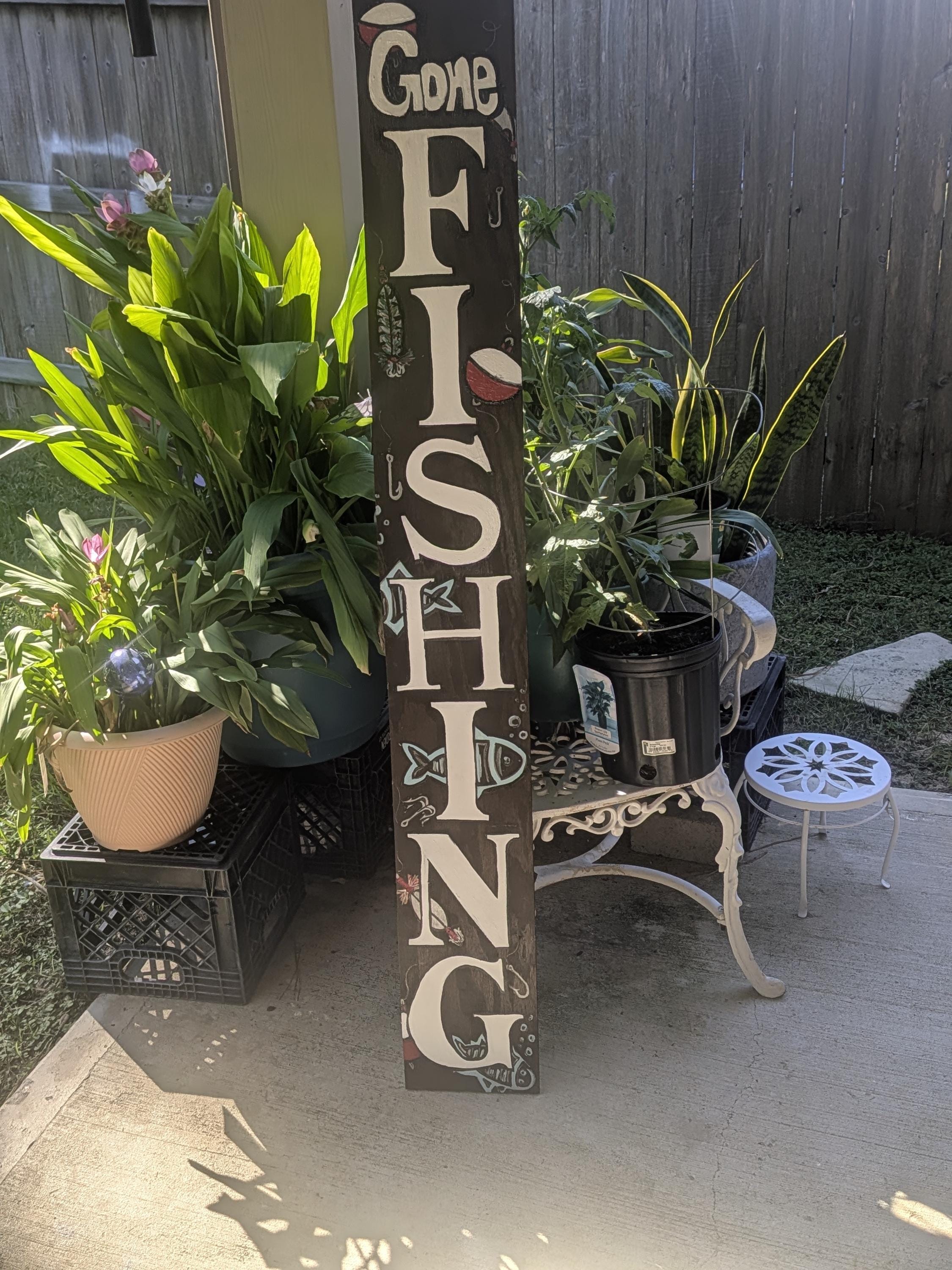Lures, Hooks, and Bobbers GONE FISHING Solid Wood All Weather  Porch Leaner Sign